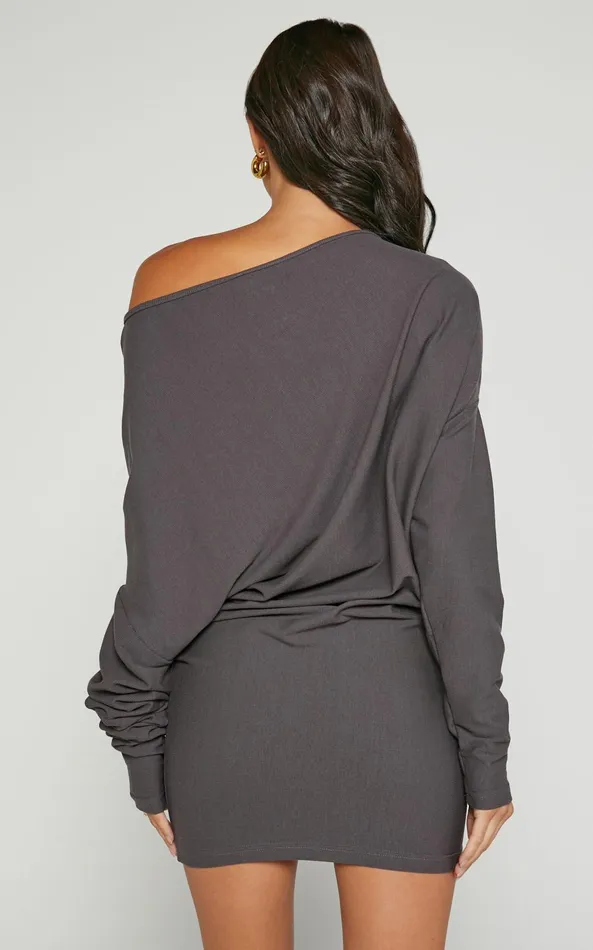 Showpo Fermina Mini Dress 8211 Long Sleeve Bodycon Dress In Charcoal Rib Women Basics