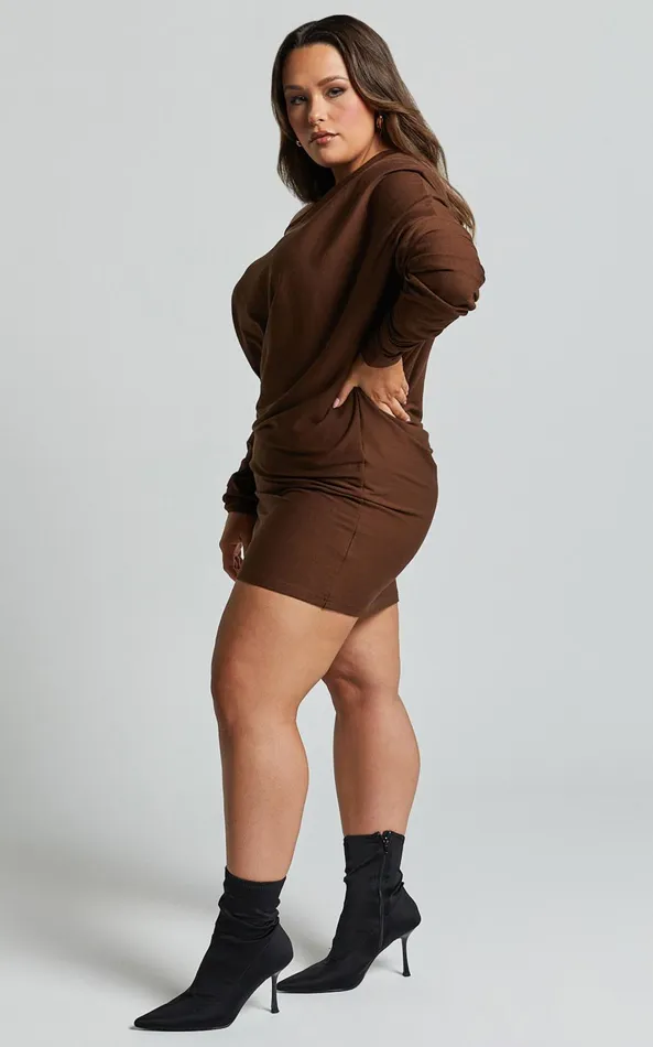 Showpo Fermina Mini Dress 8211 Long Sleeve Bodycon Dress In Chocolate Women Basics