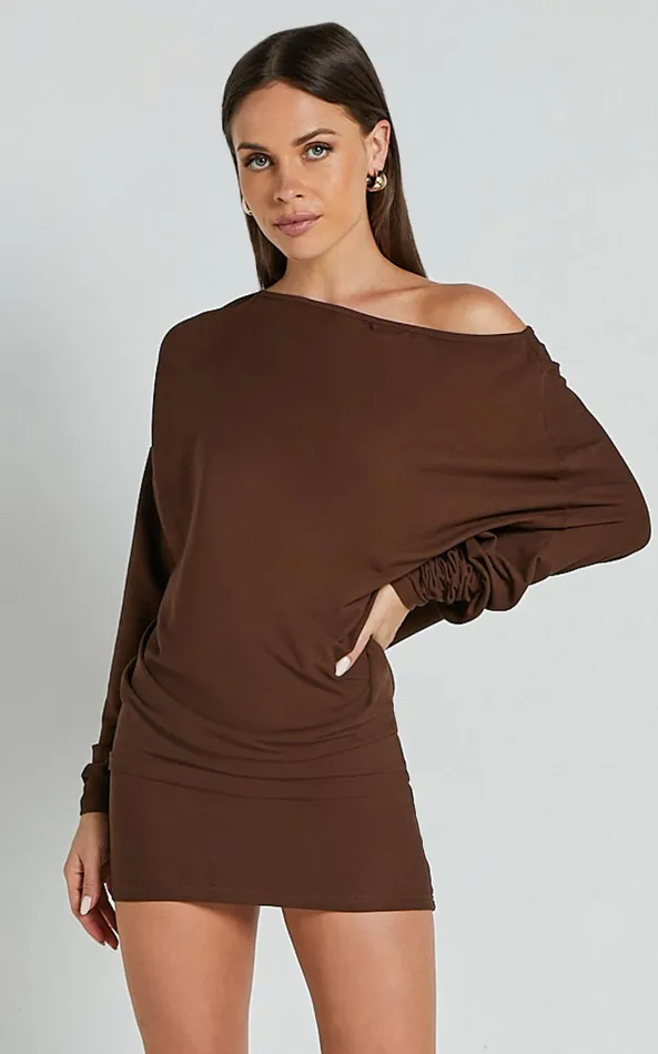 Showpo Fermina Mini Dress 8211 Long Sleeve Bodycon Dress In Chocolate Women Basics