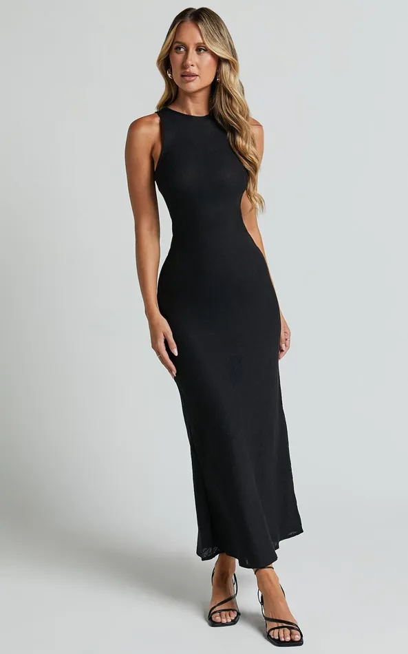 Showpo Fernley Midi Dress 8211 Linen Look Racer Neck Slip Dress In Black Women Dresses