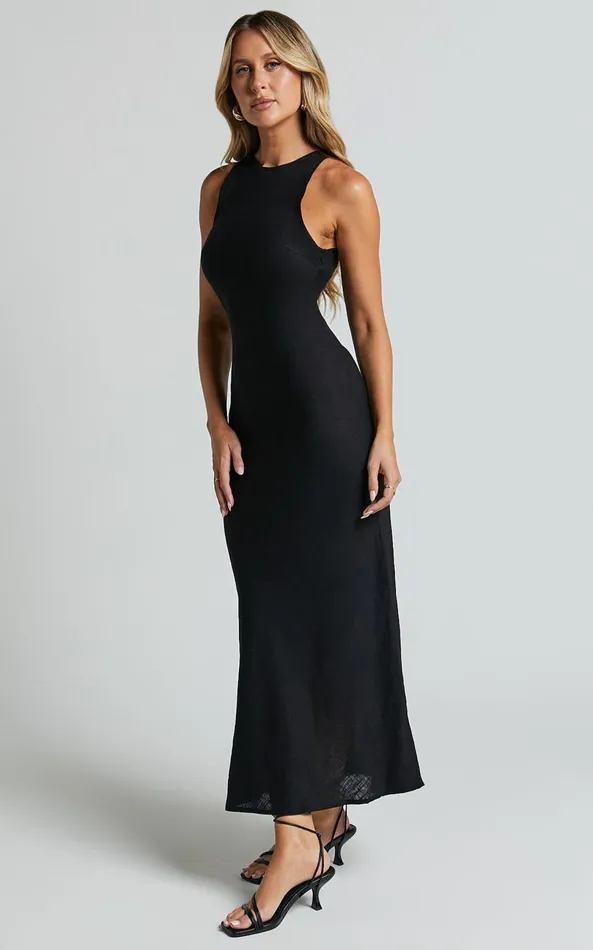 Showpo Fernley Midi Dress 8211 Linen Look Racer Neck Slip Dress In Black Women Dresses