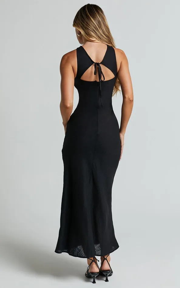 Showpo Fernley Midi Dress 8211 Linen Look Racer Neck Slip Dress In Black Women Dresses