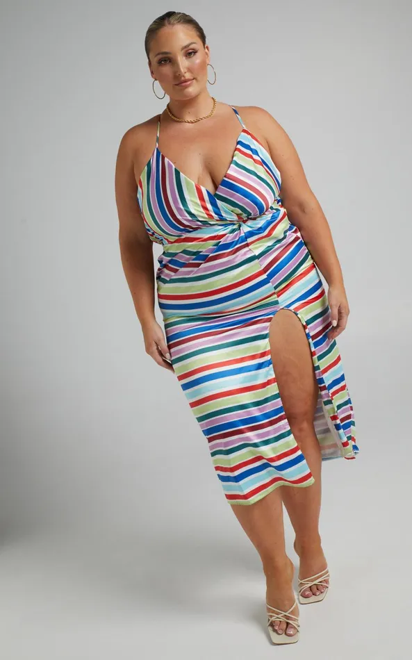 Showpo Fhel Midi Dress 8211 Strappy Twist Front Dress In Multi Stripe Satin Women Dresses
