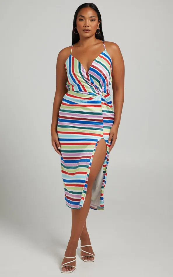 Showpo Fhel Midi Dress 8211 Strappy Twist Front Dress In Multi Stripe Satin Women Dresses