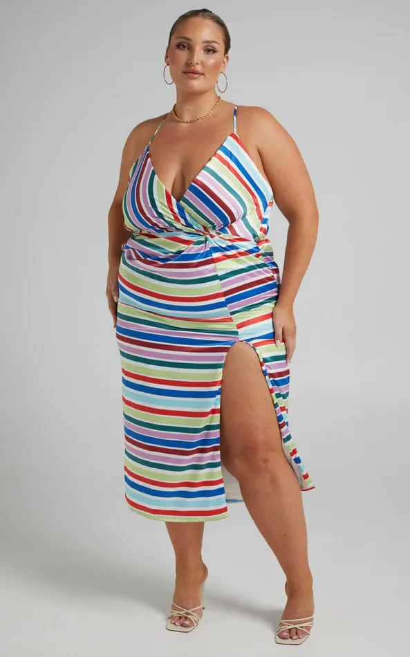 Showpo Fhel Midi Dress 8211 Strappy Twist Front Dress In Multi Stripe Satin Women Dresses