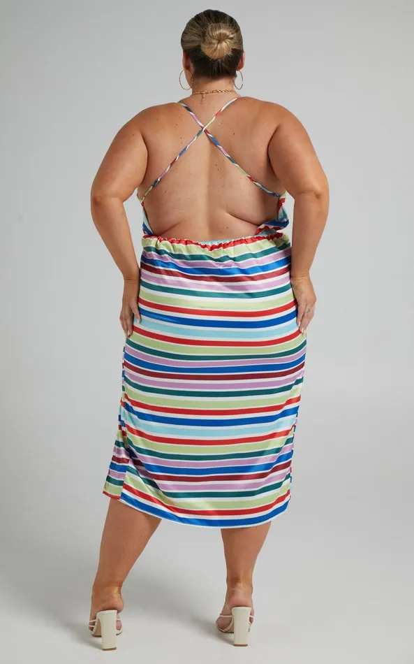 Showpo Fhel Midi Dress 8211 Strappy Twist Front Dress In Multi Stripe Satin Women Dresses