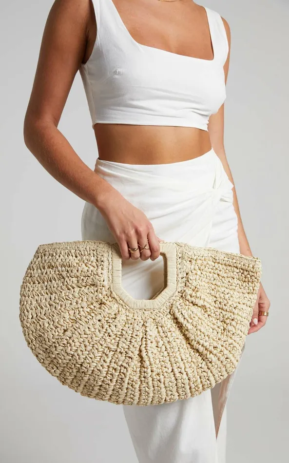 Showpo Finnegan Half Moon Straw Bag In Cream Women Bags