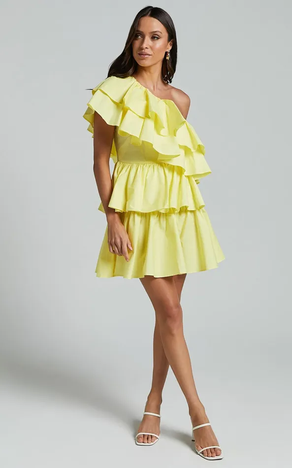 Showpo Flora Mini Dress 8211 One Shoulder Tiered Dress In Sun Yellow Women Dresses