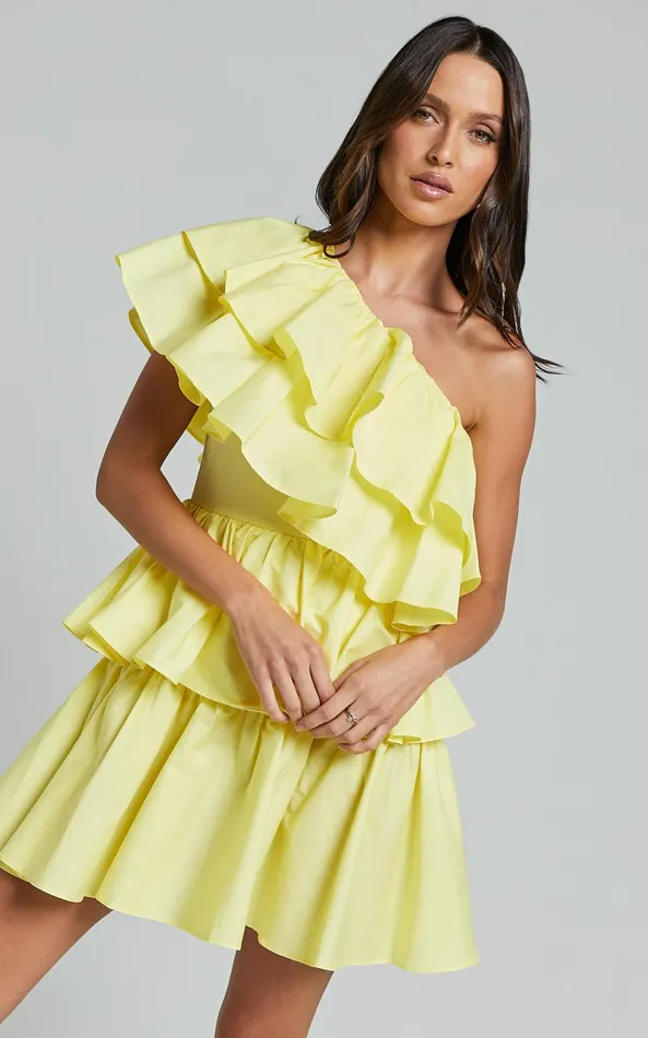 Showpo Flora Mini Dress 8211 One Shoulder Tiered Dress In Sun Yellow Women Dresses