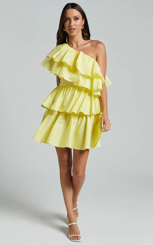 Showpo Flora Mini Dress 8211 One Shoulder Tiered Dress In Sun Yellow Women Dresses