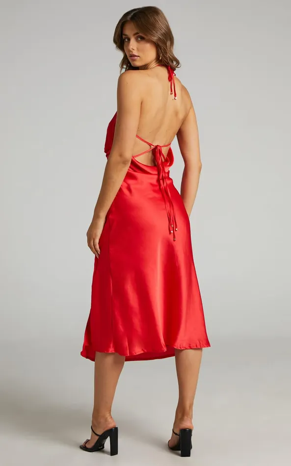 Showpo Florentina Midi Dress 8211 Twist Front Open Tie Back Dress In Red Women Dresses