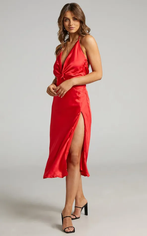 Showpo Florentina Midi Dress 8211 Twist Front Open Tie Back Dress In Red Women Dresses