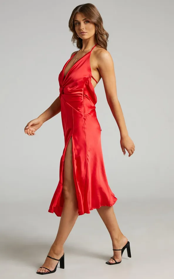 Showpo Florentina Midi Dress 8211 Twist Front Open Tie Back Dress In Red Women Dresses