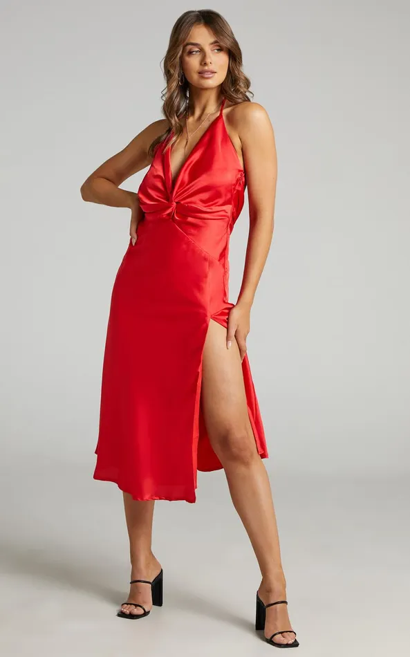 Showpo Florentina Midi Dress 8211 Twist Front Open Tie Back Dress In Red Women Dresses