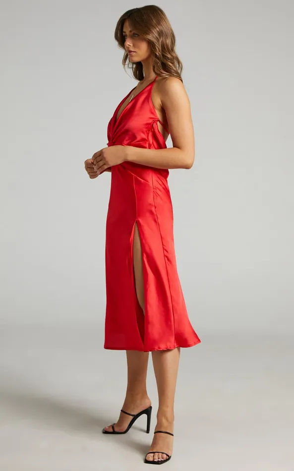 Showpo Florentina Midi Dress 8211 Twist Front Open Tie Back Dress In Red Women Dresses