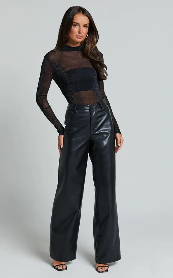 Showpo Francesca Bodysuit 8211 Long Sleeve High Neck Sheer Bodysuit In Black Women Tops