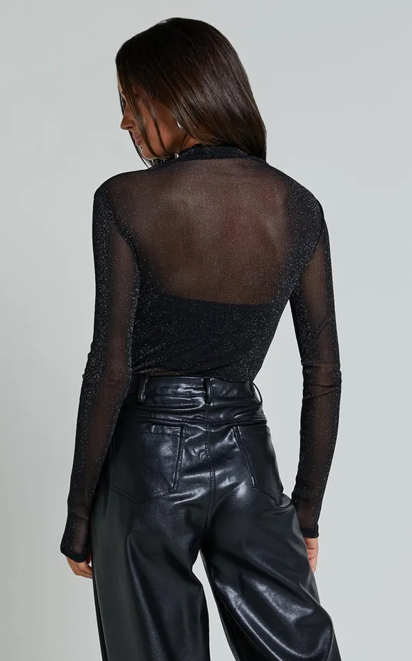 Showpo Francesca Bodysuit 8211 Long Sleeve High Neck Sheer Bodysuit In Black Women Tops