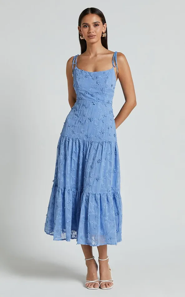Showpo Francesca Midi Dress 8211 Tie Shoulder Tiered Embroided Dress In Cornflower Blue Women Dresses Showpo Francesca Midi Dress 8211 Tie Shoulder Tiered Embroided Dress In Cornflower Blue Women Dresses