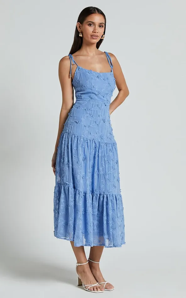 Showpo Francesca Midi Dress 8211 Tie Shoulder Tiered Embroided Dress In Cornflower Blue Women Dresses