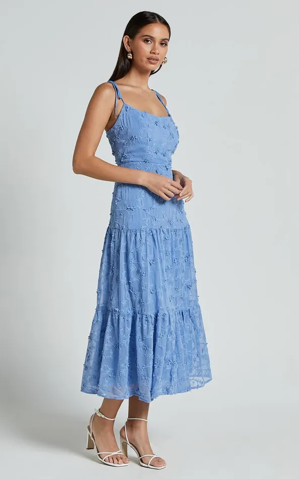 Showpo Francesca Midi Dress 8211 Tie Shoulder Tiered Embroided Dress In Cornflower Blue Women Dresses