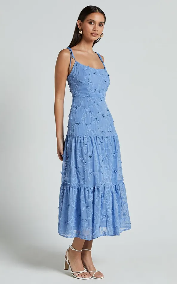 Showpo Francesca Midi Dress 8211 Tie Shoulder Tiered Embroided Dress In Cornflower Blue Women Dresses