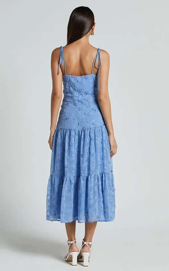 Showpo Francesca Midi Dress 8211 Tie Shoulder Tiered Embroided Dress In Cornflower Blue Women Dresses