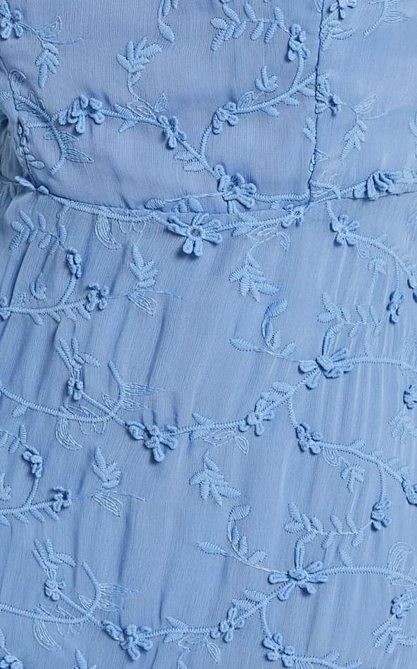 Showpo Francesca Midi Dress 8211 Tie Shoulder Tiered Embroided Dress In Cornflower Blue Women Dresses