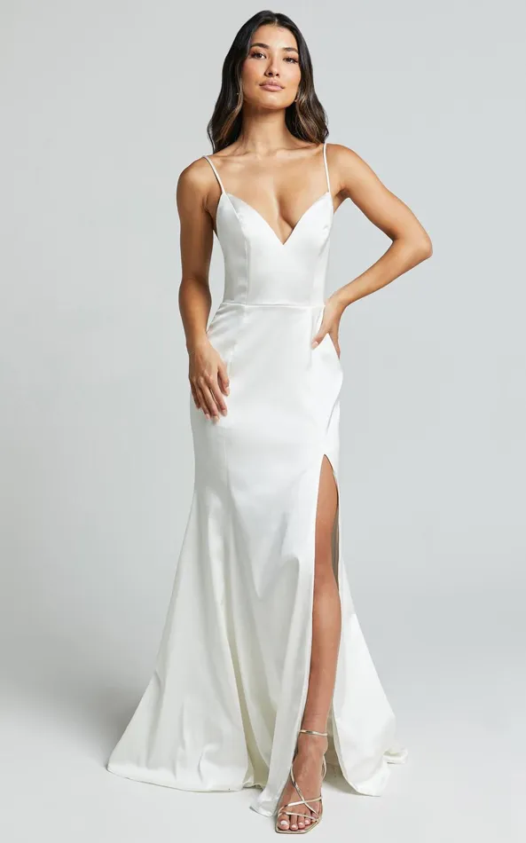 Showpo Francia Maxi Dress 8211 Sweetheart Thigh Split Dress In White Women Dresses