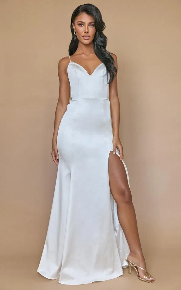 Showpo Francia Maxi Dress 8211 Sweetheart Thigh Split Dress In White Women Dresses