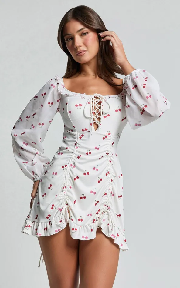 Showpo Francia Mini Dress 8211 Long Sleeve Gathered Frill Hem Detail Dress In Cherry Print Women Dresses Showpo Francia Mini Dress 8211 Long Sleeve Gathered Frill Hem Detail Dress In Cherry Print Women Dresses