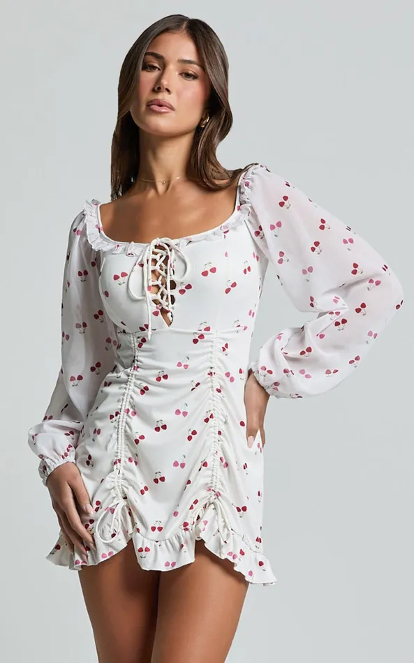 Showpo Francia Mini Dress 8211 Long Sleeve Gathered Frill Hem Detail Dress In Cherry Print Women Dresses