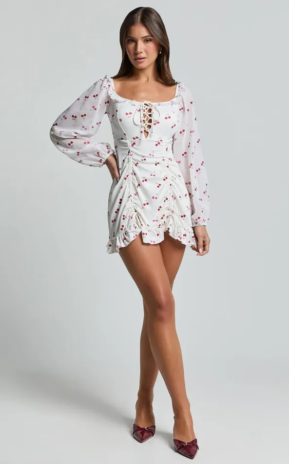 Showpo Francia Mini Dress 8211 Long Sleeve Gathered Frill Hem Detail Dress In Cherry Print Women Dresses