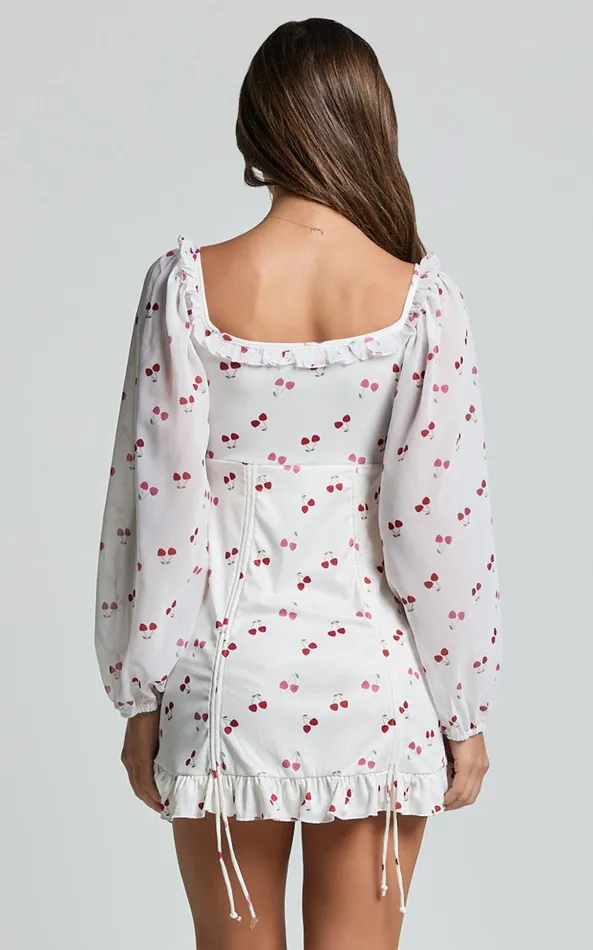 Showpo Francia Mini Dress 8211 Long Sleeve Gathered Frill Hem Detail Dress In Cherry Print Women Dresses