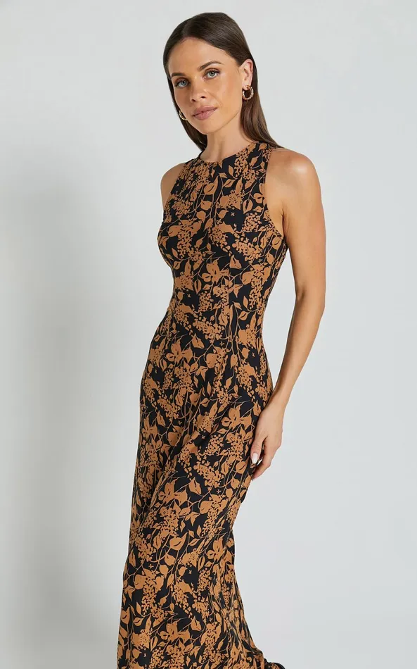 Showpo Francis Midi Dress 8211 High Neck Slip Dress In Brown Floral Women Dresses