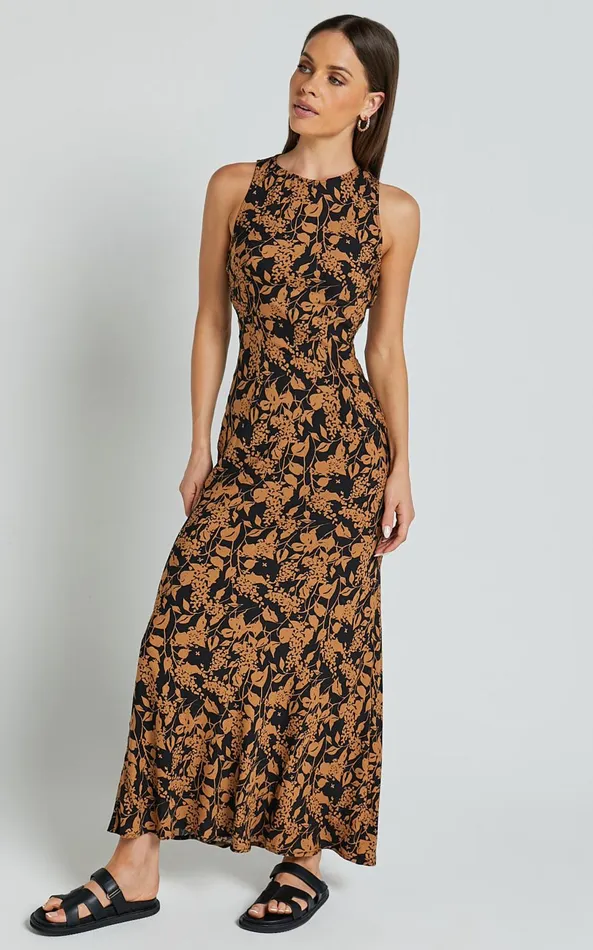 Showpo Francis Midi Dress 8211 High Neck Slip Dress In Brown Floral Women Dresses
