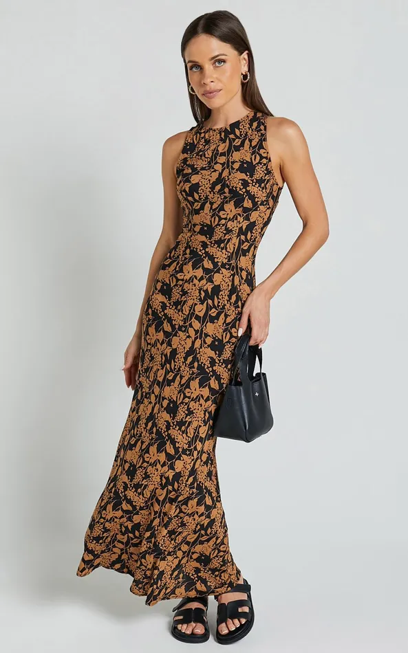 Showpo Francis Midi Dress 8211 High Neck Slip Dress In Brown Floral Women Dresses