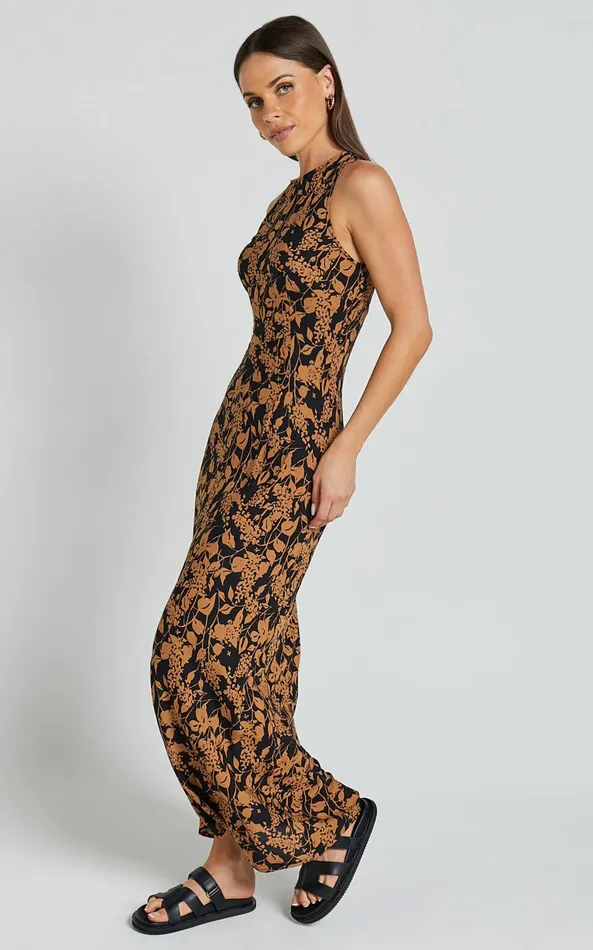 Showpo Francis Midi Dress 8211 High Neck Slip Dress In Brown Floral Women Dresses