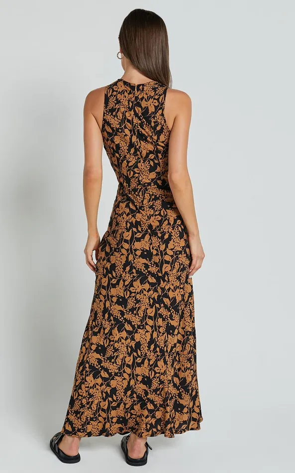 Showpo Francis Midi Dress 8211 High Neck Slip Dress In Brown Floral Women Dresses