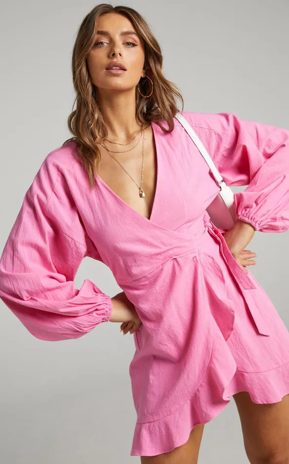 Showpo Francoise Mini Dress 8211 Long Sleeve Wrap Dress In Pink Women Dresses