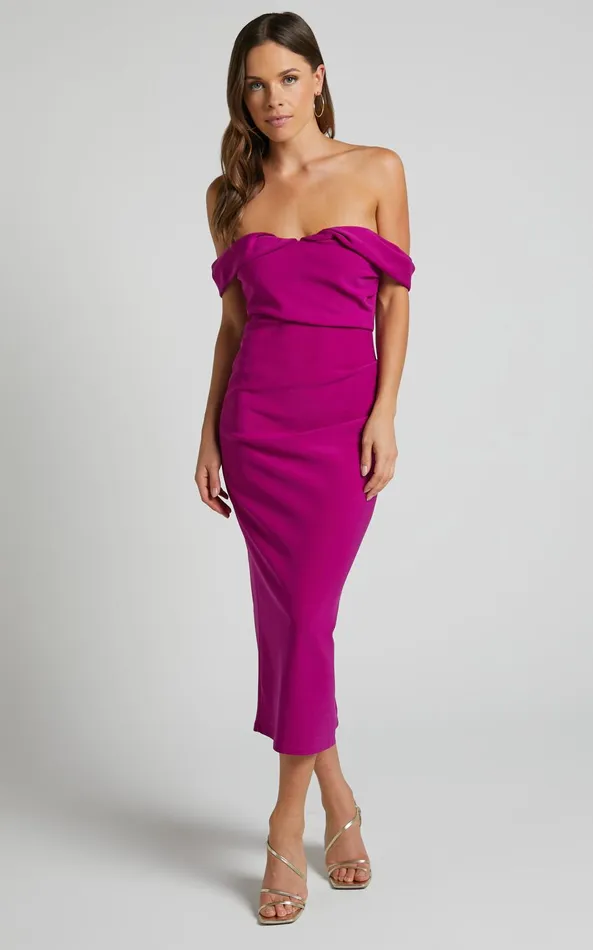 Showpo Frankie Midi Dress 8211 Bodycon Off The Shoulder Dress In Purple Women Dresses