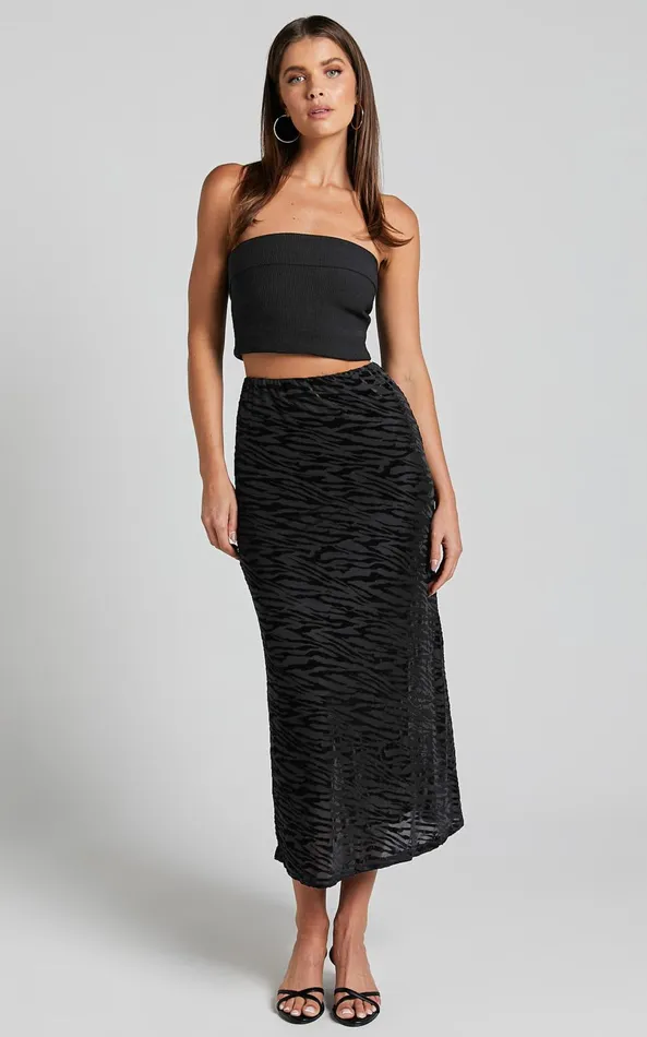 Showpo Frankie Midi Skirt 8211 Burn Out Velvet High Waisted Slip Skirt In Black Women Skirts