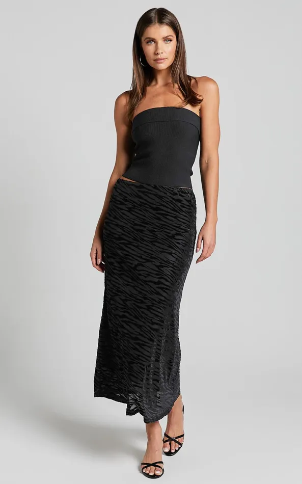 Showpo Frankie Midi Skirt 8211 Burn Out Velvet High Waisted Slip Skirt In Black Women Skirts