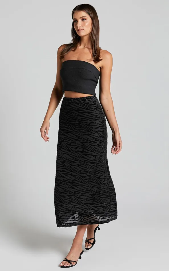 Showpo Frankie Midi Skirt 8211 Burn Out Velvet High Waisted Slip Skirt In Black Women Skirts