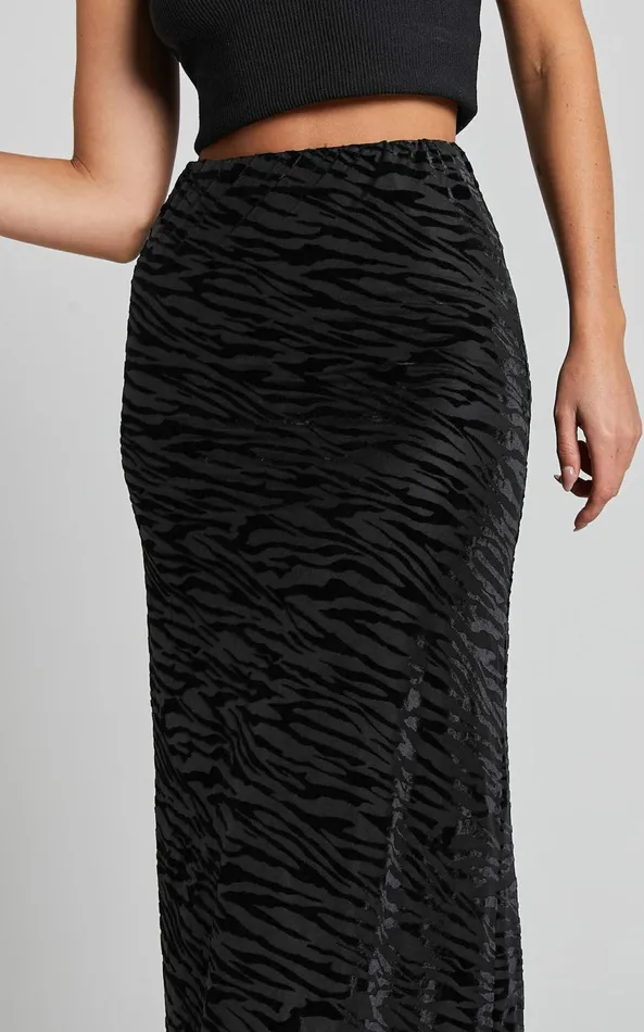 Showpo Frankie Midi Skirt 8211 Burn Out Velvet High Waisted Slip Skirt In Black Women Skirts