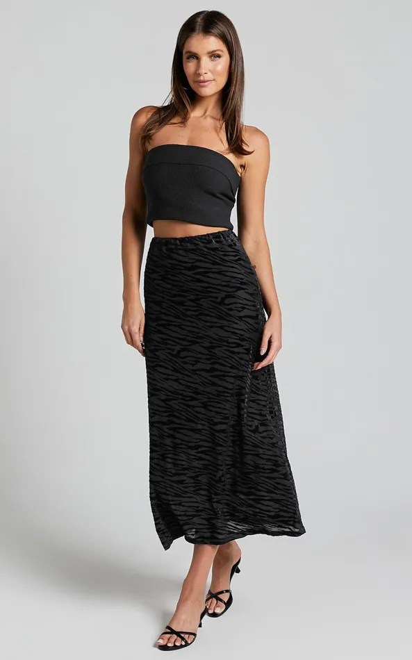 Showpo Frankie Midi Skirt 8211 Burn Out Velvet High Waisted Slip Skirt In Black Women Skirts