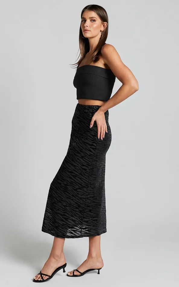 Showpo Frankie Midi Skirt 8211 Burn Out Velvet High Waisted Slip Skirt In Black Women Skirts