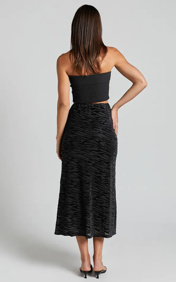 Showpo Frankie Midi Skirt 8211 Burn Out Velvet High Waisted Slip Skirt In Black Women Skirts