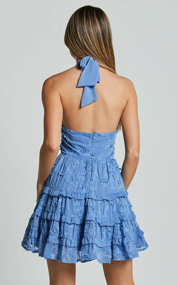 Showpo Frankie Mini Dress 8211 Halter Neck Tiered Dress In Cornflower Blue Women Dresses