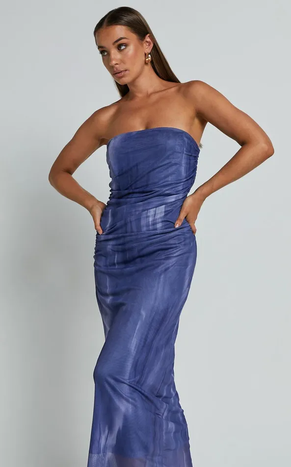 Showpo Frelynn Midi Dress 8211 Strapless Ruched Slip Dress In Blue Women Dresses
