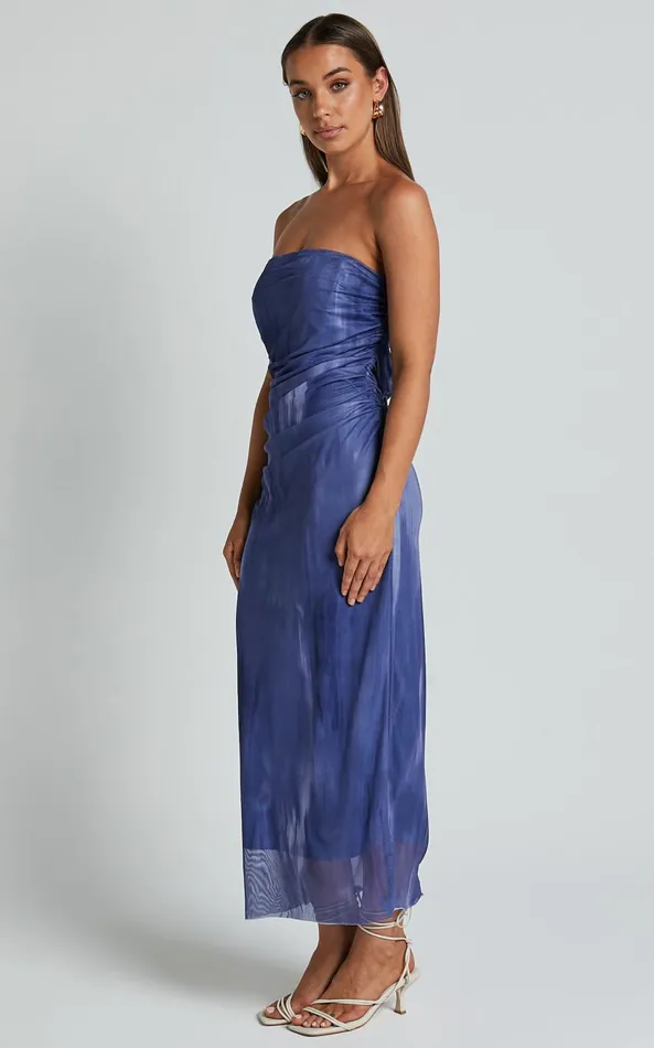 Showpo Frelynn Midi Dress 8211 Strapless Ruched Slip Dress In Blue Women Dresses